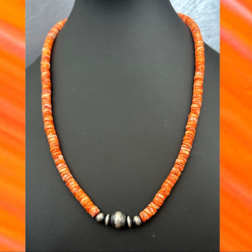 Navajo orange spiny oyster Navajo pearls sterling silver necklace